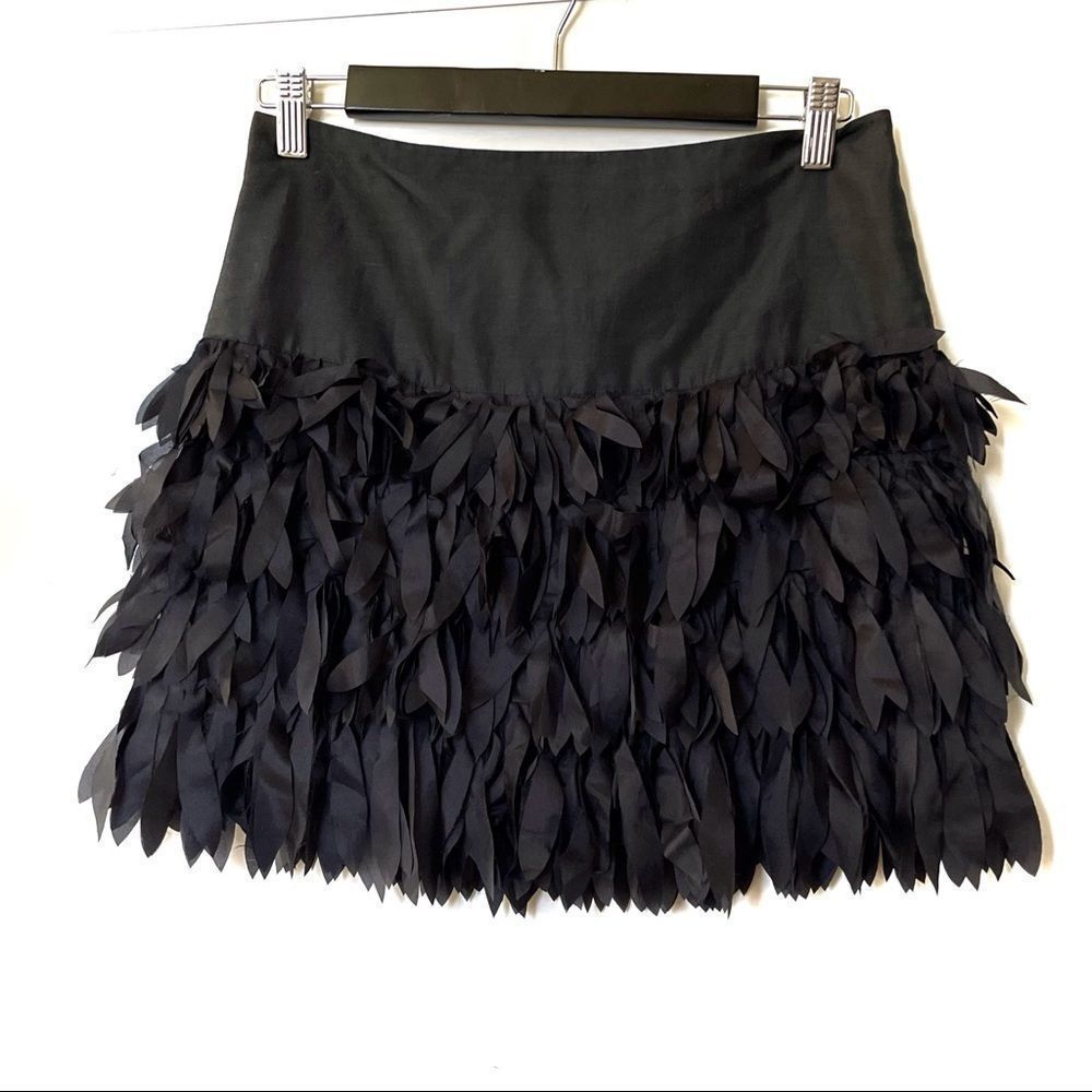 REISS Black Mini Skirt Feathered Fray Silk Size 2